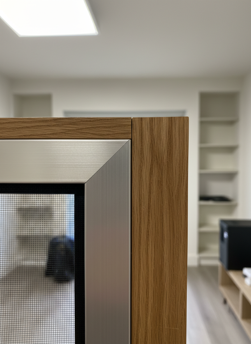 A detailed close-up of a corner joint of a newly replaced screen door frame, showing the precision of the 45-degree cut, the smooth brushed-metal texture, and the perfectly tucked mesh edge with no fraying. Tiny surface reflections highlight the craftsmanship, while the adjoining wooden doorframe in natural oak appears just behind, its grain subtly visible. The background softly fades into an understated, blurred room with neutral-toned walls and a suggestion of built-in storage, ensuring the focus remains on the joinery. Soft, diffused indoor lighting from above and the side gently wraps the frame, avoiding harsh glare. Photographic realism, macro-style composition, and an elegant, minimal mood underscore high-quality workmanship and attention to detail for discerning customers seeking premium screen door replacement.