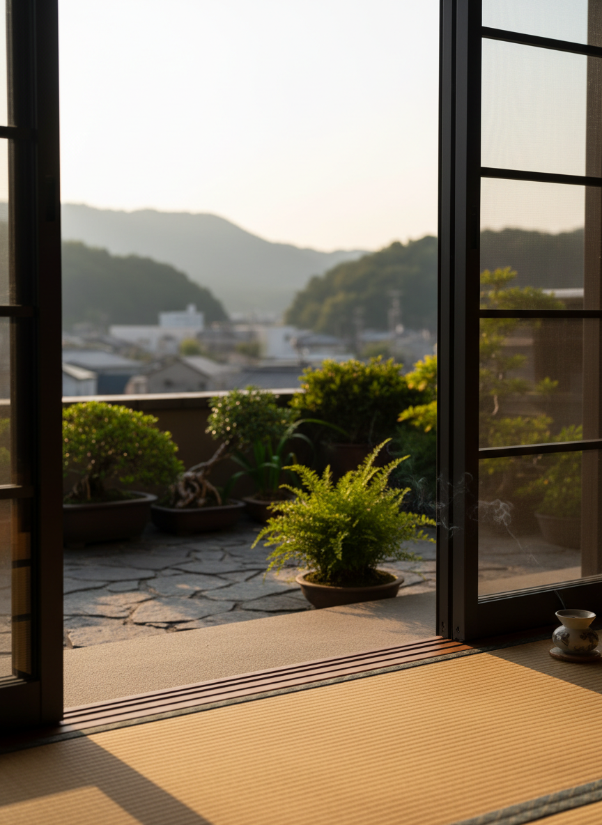 An inviting interior view from just inside a Fukuoka home, looking out through a freshly replaced sliding screen door onto a small terrace with neatly arranged plants and a distant hint of cityscape hills. The screen mesh is finely detailed yet almost invisible, allowing soft, golden late-afternoon light to filter through and illuminate the tatami mat and light-wood threshold. The new frame, a refined dark-gray, runs in crisp vertical and horizontal lines, contrasting gently with the warm interior tones. Captured at eye level with a slight diagonal composition, the foreground flooring is in sharp focus while the terrace and skyline fall into a gentle blur. The mood is warm, safe, and sophisticated, subtly communicating the comfort and peace of mind that comes from a well-executed screen door replacement.