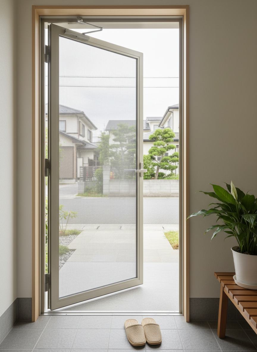 A tidy genkan entry area in a modern Japanese house in Fukuoka, with a newly installed hinged screen door leading to the outside. The door’s mesh is flawlessly stretched within a slim, champagne-colored metal frame that aligns perfectly with the wooden doorframe. Outside, a quiet residential street with low houses and soft greenery appears slightly defocused. Overcast daylight creates a soft, even illumination with minimal harsh shadows, highlighting the smooth textures of the mesh and the sheen of the threshold. A pair of neatly placed slippers and a small indoor plant near the doorway add subtle homely touches. Photographic realism, centered composition, and a calm, understated palette convey reliability, everyday usability, and trustworthy local service for screen door replacement.