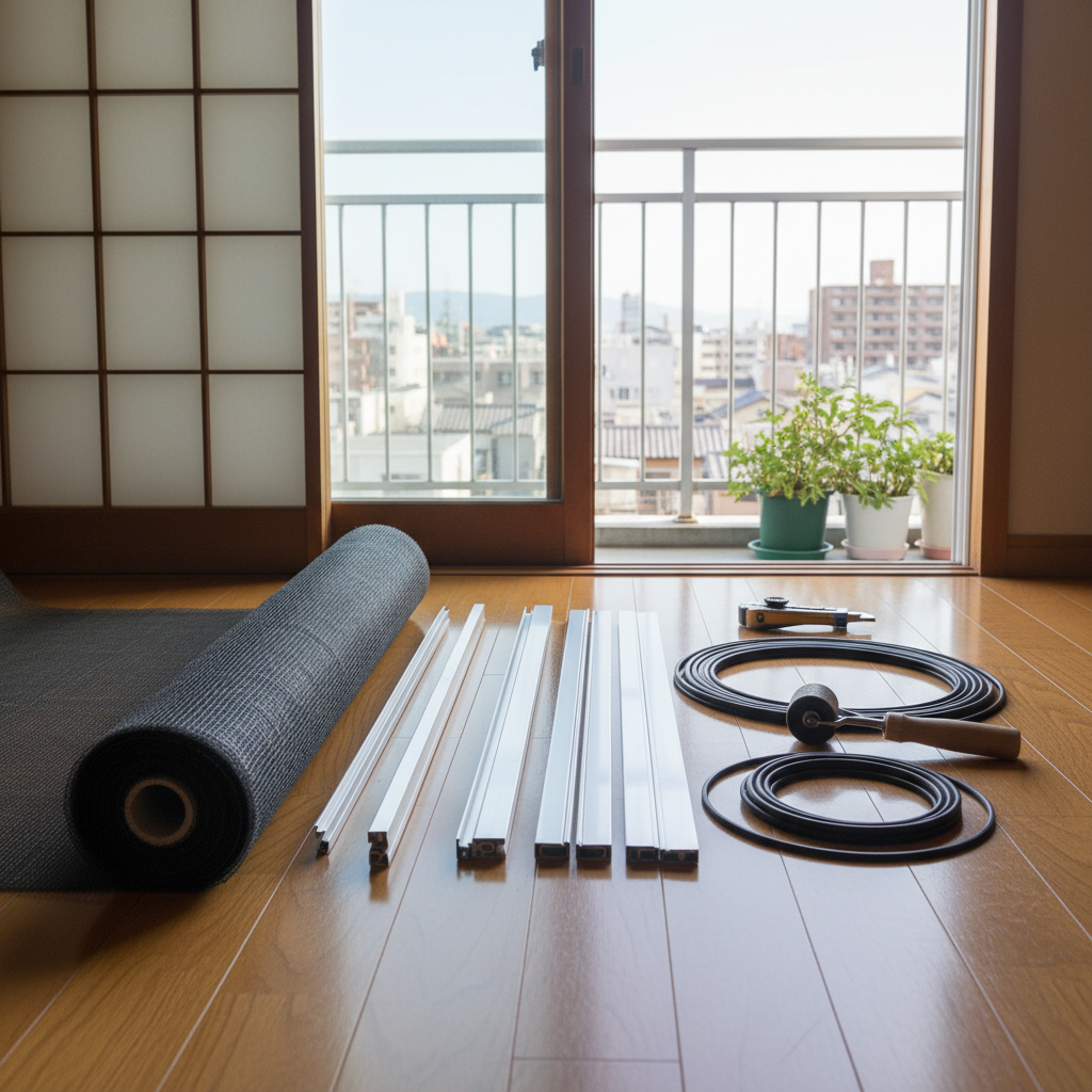 An assortment of high-quality screen replacement materials and tools is neatly arranged on a warm wooden floor in a Fukuoka-style home interior. A roll of fine charcoal-colored mesh, precision-cut aluminum frame pieces, rubber spline coils, and a specialized spline roller lie in ordered rows beside a clean utility knife and measuring tape. Nearby, an open sliding glass door leads to a small, well-kept balcony with distant urban Fukuoka rooftops softly blurred. Late-morning natural light floods in from the balcony, casting gentle, elongated shadows and subtle highlights on the metal and mesh textures. Shot from a slightly elevated angle with sharp focus throughout, the scene feels organized, calm, and professional, emphasizing careful preparation, attention to detail, and trustworthy craftsmanship for screen door repair requests.