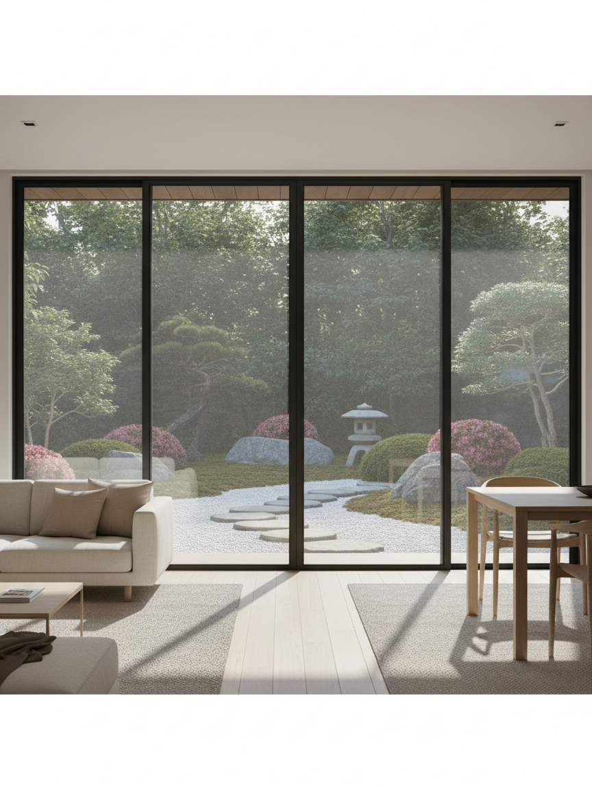 A panoramic interior shot of a living-dining space featuring two large sliding screen doors newly fitted along a wide opening to a small garden. The screens have uniform, fine charcoal-gray mesh and slim, consistent black frames that align perfectly along the rails. Outside, a simple Japanese garden with gravel, stepping stones, and carefully trimmed shrubs is softly in focus, while the interior furniture remains minimal and elegant in pale woods and neutral fabrics. Late-afternoon light streams through the screens, casting gentle patterns on the floor and emphasizing the smoothness of the mesh without overwhelming the scene. The photographic realism, balanced composition using the rule of thirds, and sophisticated yet warm atmosphere communicate the value of quality screen replacements in enhancing both comfort and aesthetics in the home.