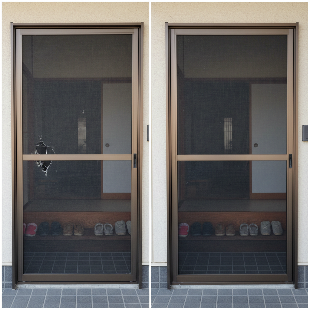 A split-screen style composition shows a screen door before and after professional replacement. On the left, the old screen has visible small holes, faint discoloration, and a slightly warped gray frame, with light catching the uneven mesh. On the right, the new screen appears pristine and tightly stretched in a straight, dark-bronze frame with refined corners. Both halves share the same doorway of a modest Japanese home, with a tiled entry step and neatly arranged shoes barely visible inside, softly out of focus. Gentle, diffused daylight illuminates both sides evenly, creating a clear contrast in condition without appearing harsh. Photographic realism, straight-on framing, and balanced symmetry emphasize transformation, care, and craftsmanship, evoking trust and satisfaction in the service.