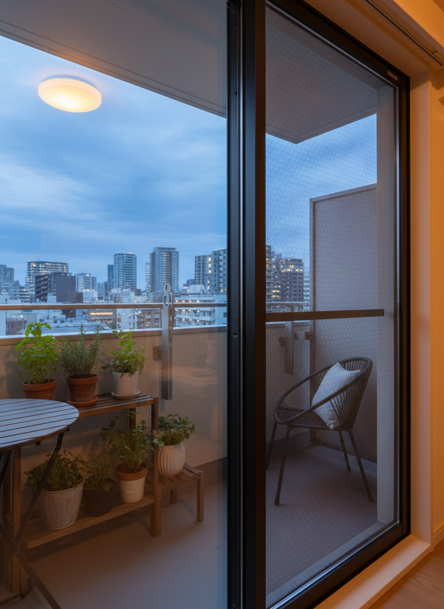 A compact apartment balcony in Fukuoka viewed from inside through a newly installed sliding screen door. The frame is slim and dark, with the mesh so fine that the view of neatly arranged potted herbs, a small outdoor chair, and distant apartment buildings is clear yet softened by the screen texture. Early evening blue-hour light bathes the exterior, while the interior is lit by a warm ceiling light that reflects gently on the glass panel beside the screen. Captured from a slightly low angle with moderate depth of field, the screen’s pattern is visible but not overpowering. The contrast between the cool outdoor tones and warm indoor glow creates a calm, sophisticated atmosphere, subtly emphasizing how quality screen replacements support comfortable urban living while keeping pests out.